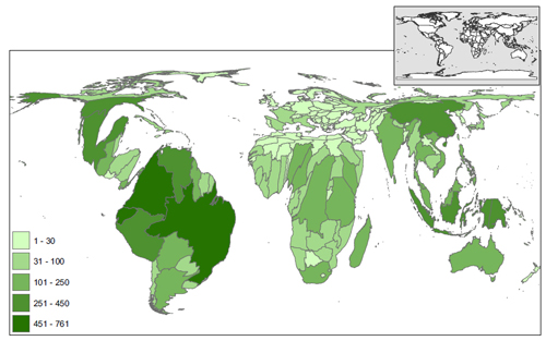 Distribution par pays des amphibiens à la surface de la Terre
